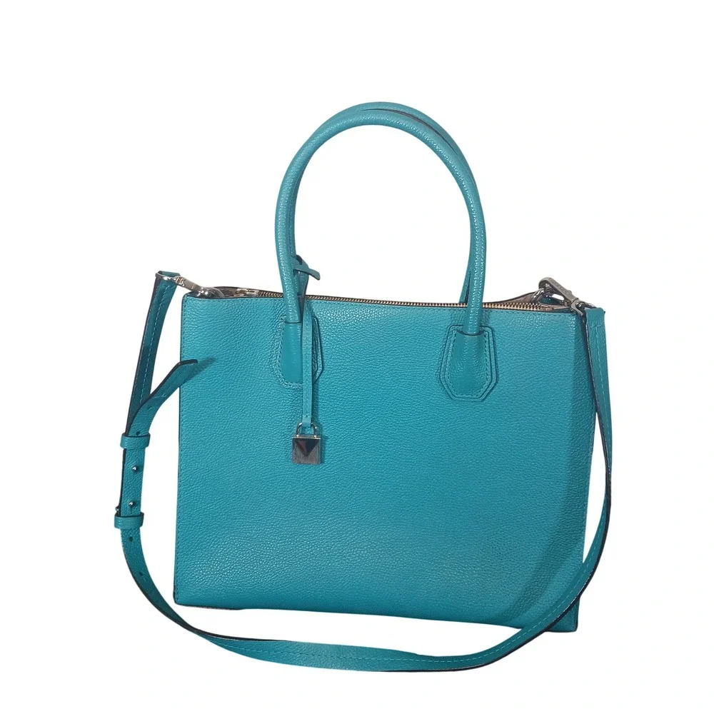 Michael Kors Mercer Large Pebbled Leather Convertible Tote Crossbody Aqua Blue